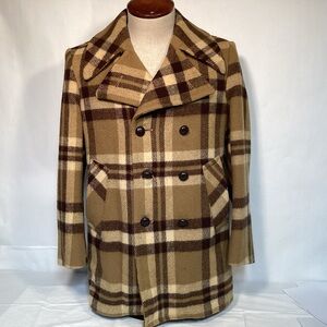 Stratojac Vintage 70’s Wool Peacoat Tan and Brown Plaid Men’s size medium